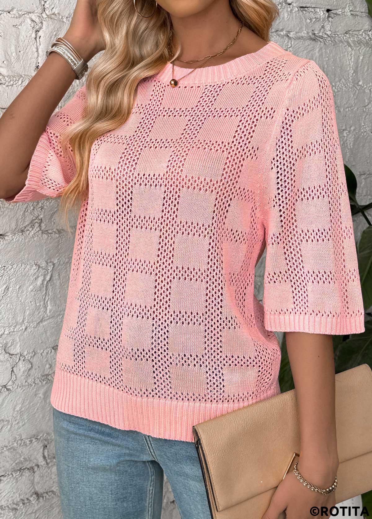 Light Pink tops,Plain Color tops,Light Pink Round Neck Half Sleeve T Shirt