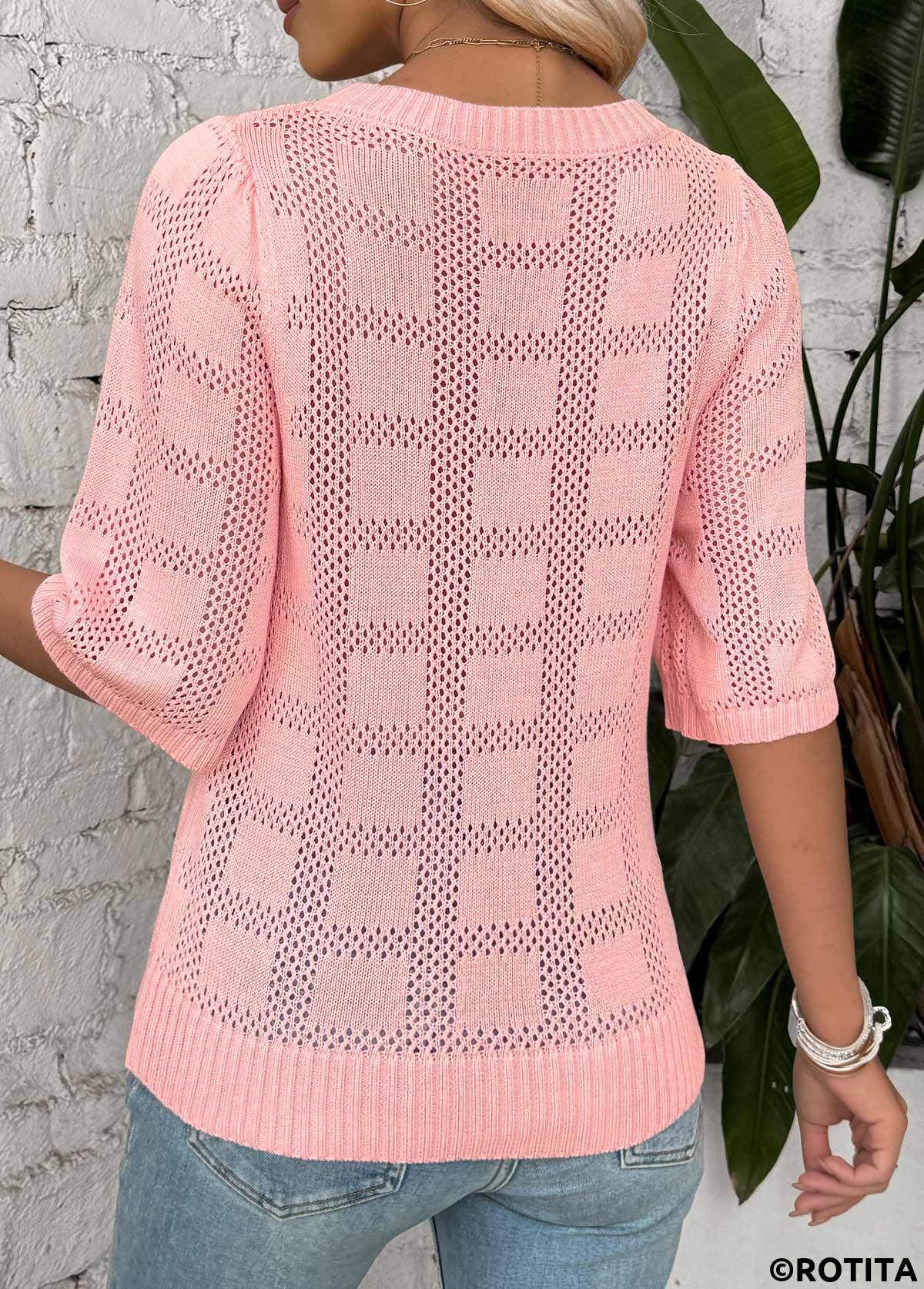 Light Pink tops,Plain Color tops,Light Pink Round Neck Half Sleeve T Shirt