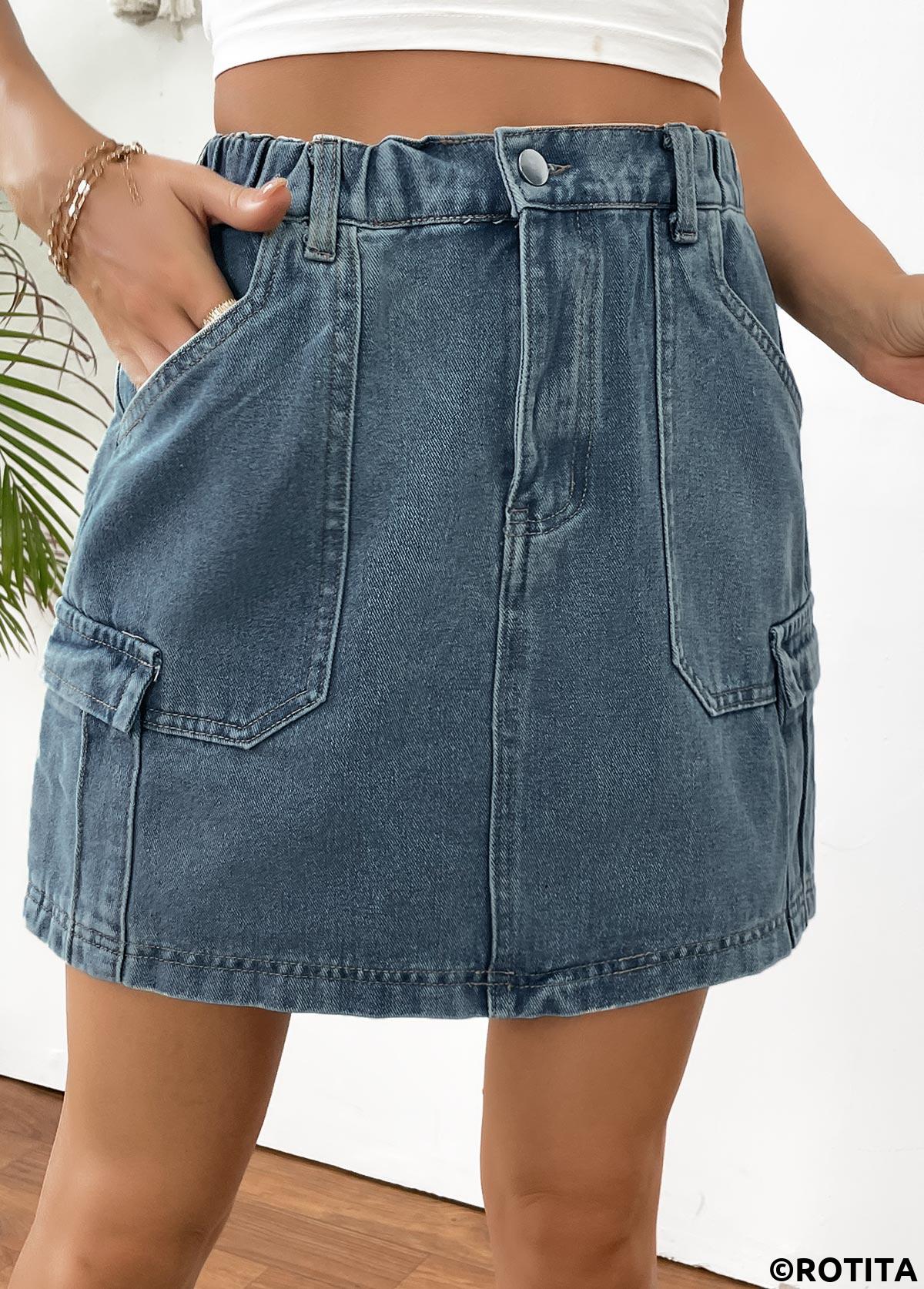 Denim Blue bottoms,Plain Color bottoms,Denim Blue Elastic Waist A Line Skirt