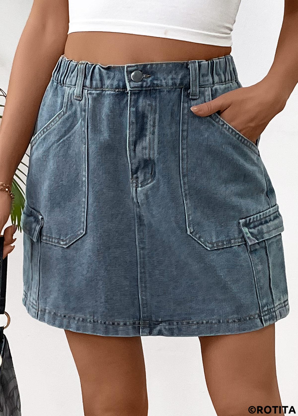 Denim Blue bottoms,Plain Color bottoms,Denim Blue Elastic Waist A Line Skirt