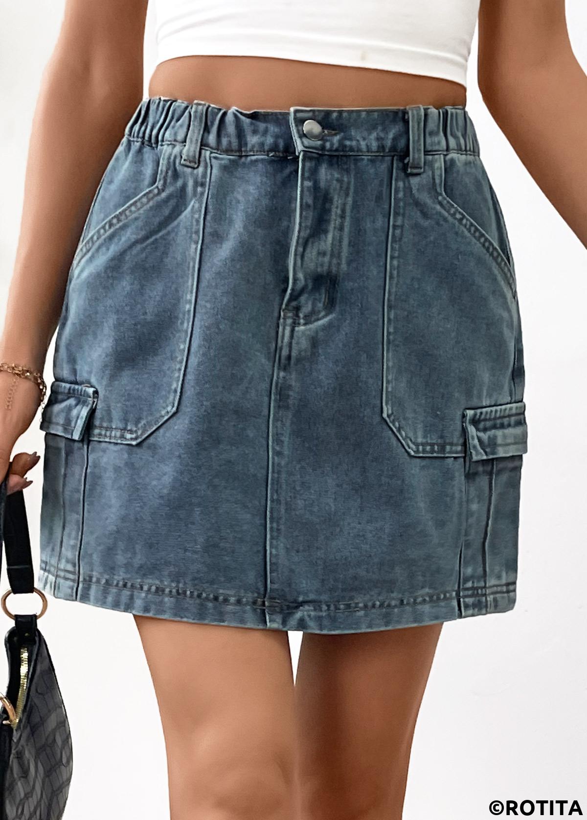 Denim Blue bottoms,Plain Color bottoms,Denim Blue Elastic Waist A Line Skirt