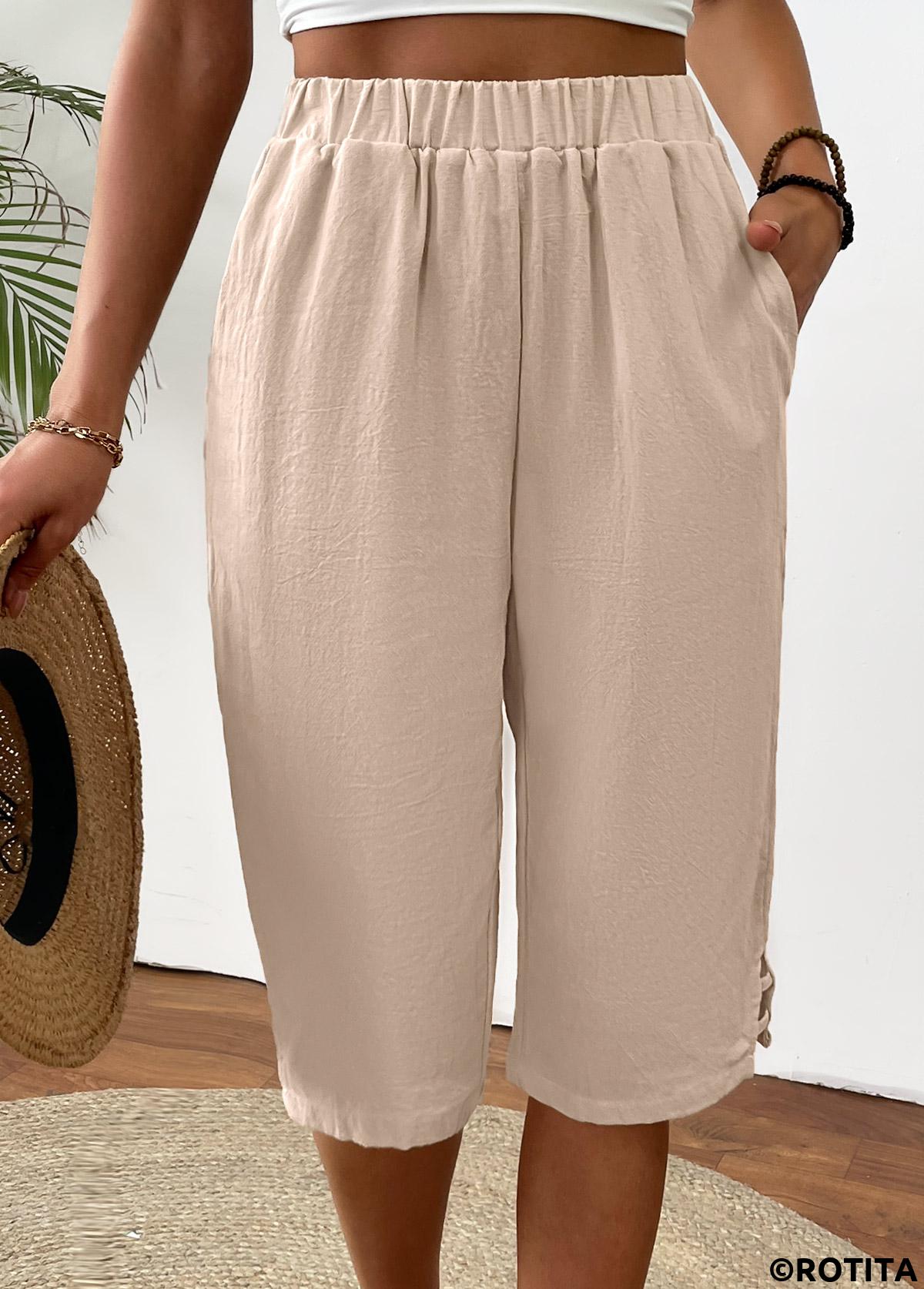 Light Camel bottoms,Plain Color bottoms,Light Camel Straight Leg Elastic Waist High Waisted Pants