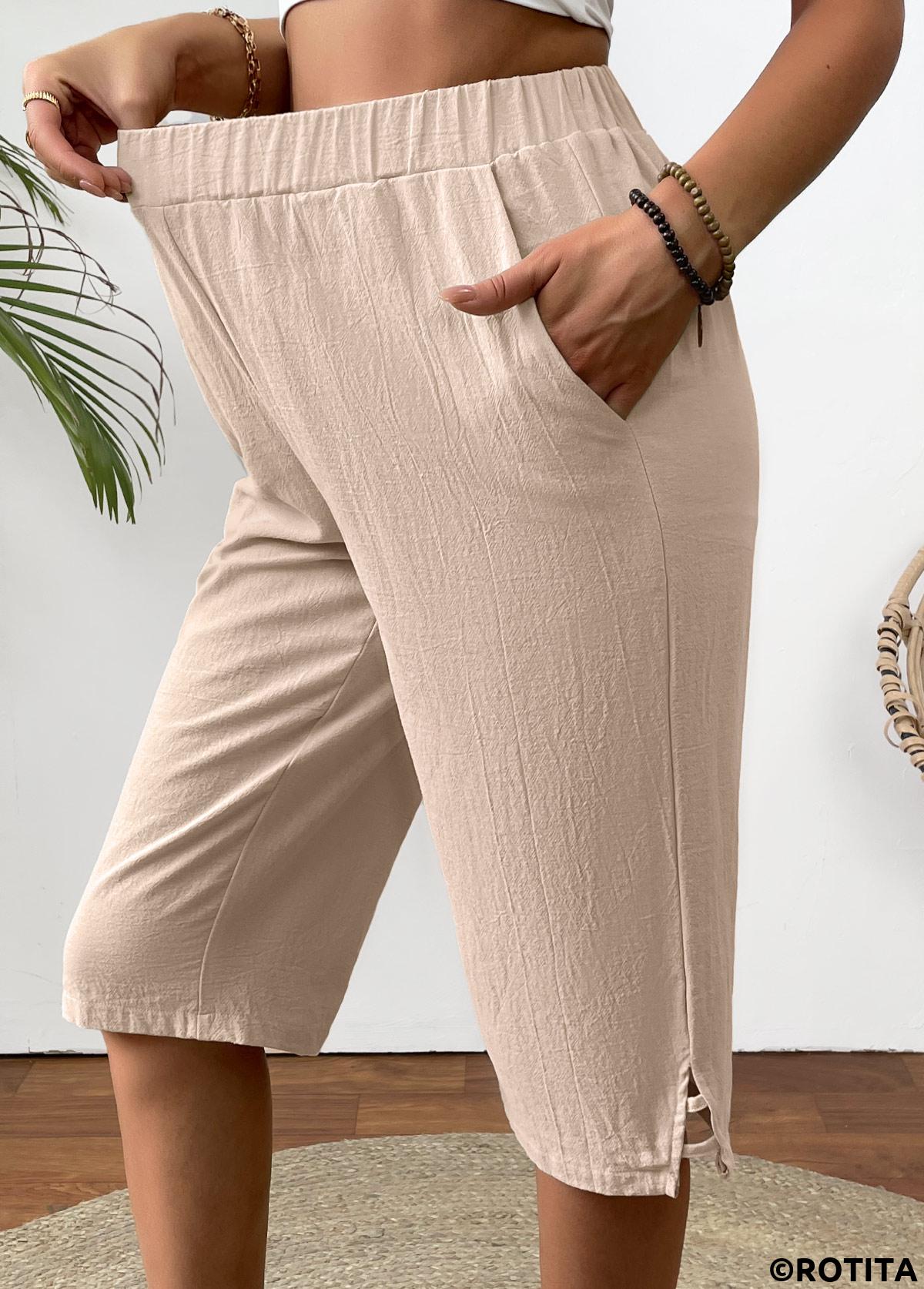 Light Camel bottoms,Plain Color bottoms,Light Camel Straight Leg Elastic Waist High Waisted Pants