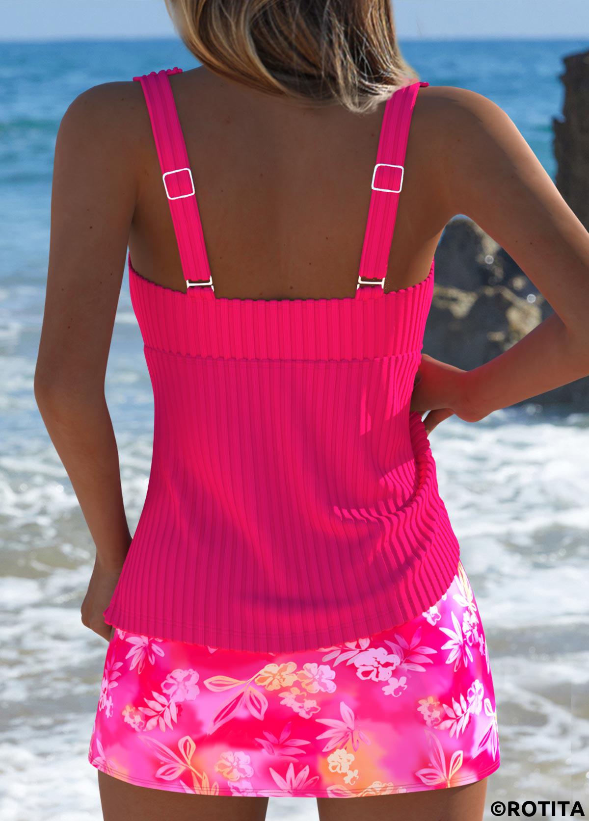Hot Pink swimwear,Floral swimwear,Plants swimwear,ROTITA Hot Pink Floral Print Mid Waisted Tankini Set
