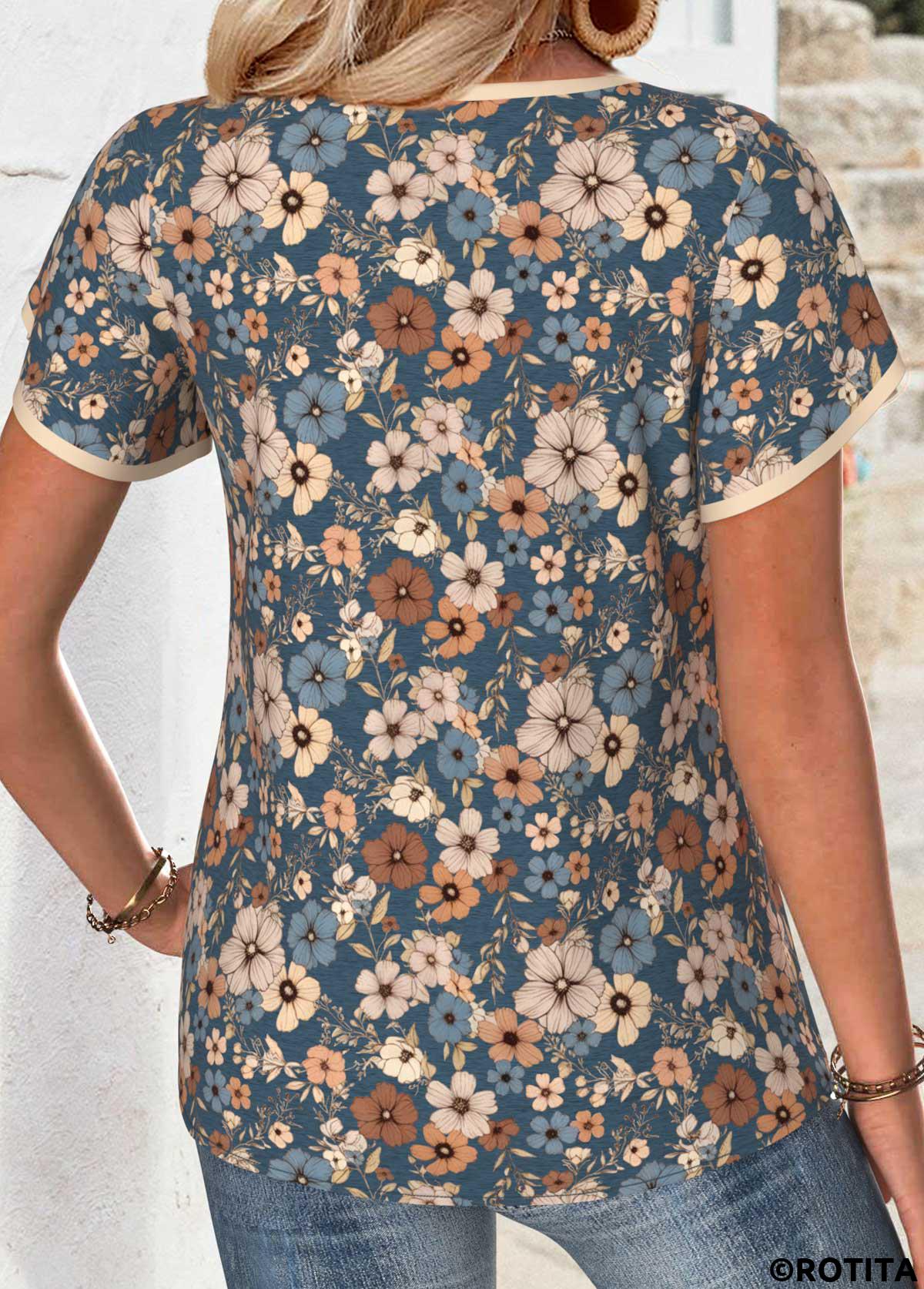 Multi Color tops,Floral tops,Plants tops,ROTITA Floral Print Multi Color V Neck Short Sleeve Blouse