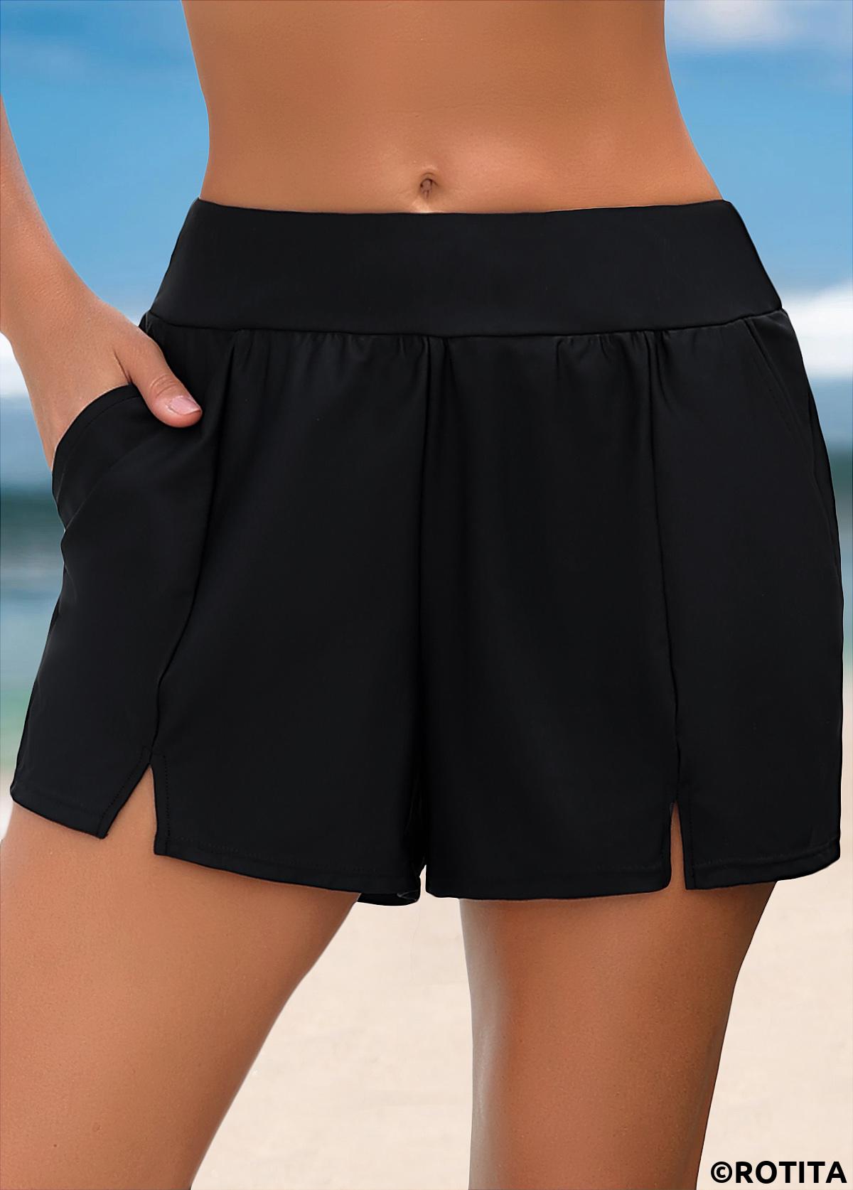 Black swimwear,Plain Color swimwear,ROTITA Black Color Mid Waisted Swim Shorts