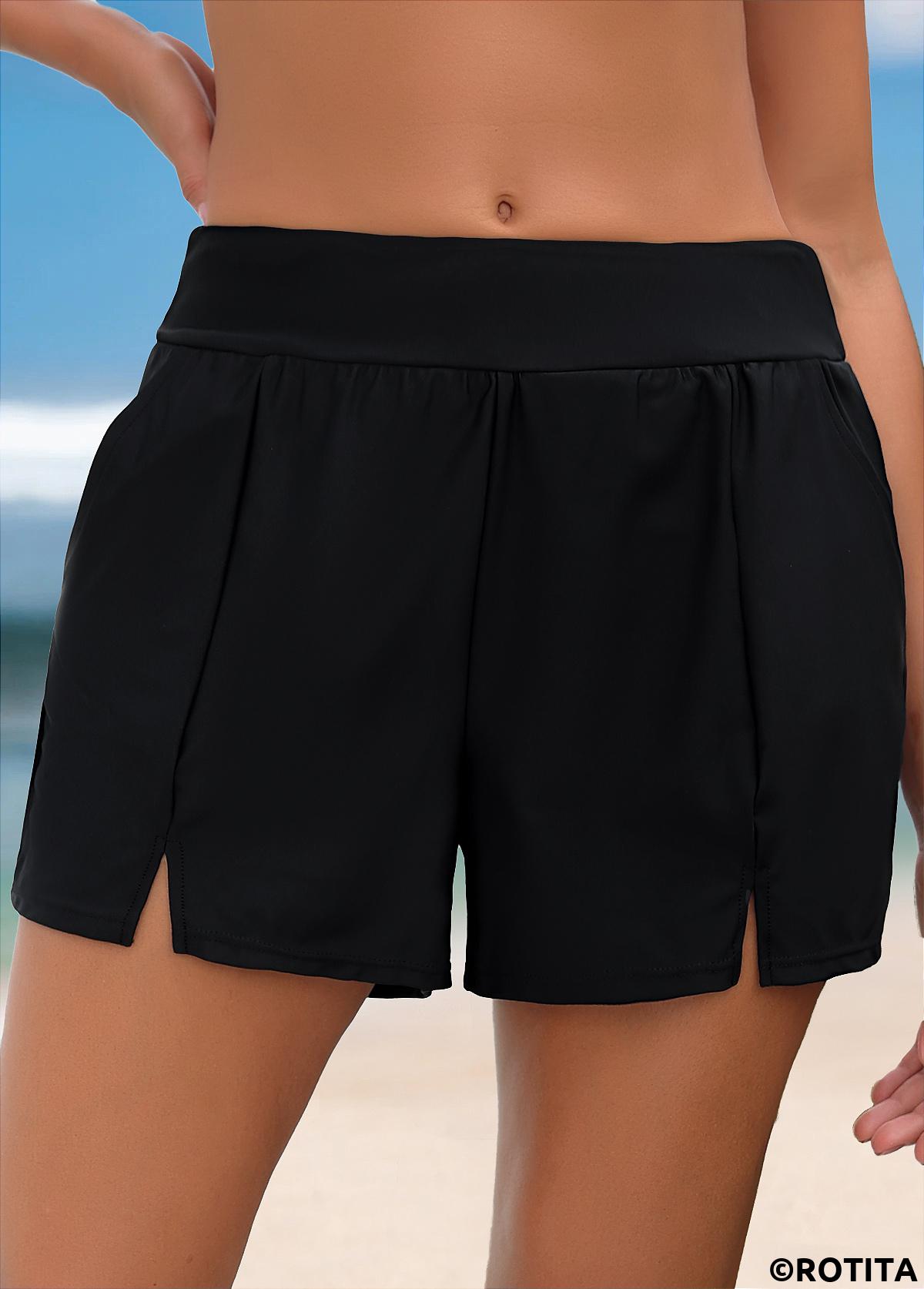 Black swimwear,Plain Color swimwear,ROTITA Black Color Mid Waisted Swim Shorts