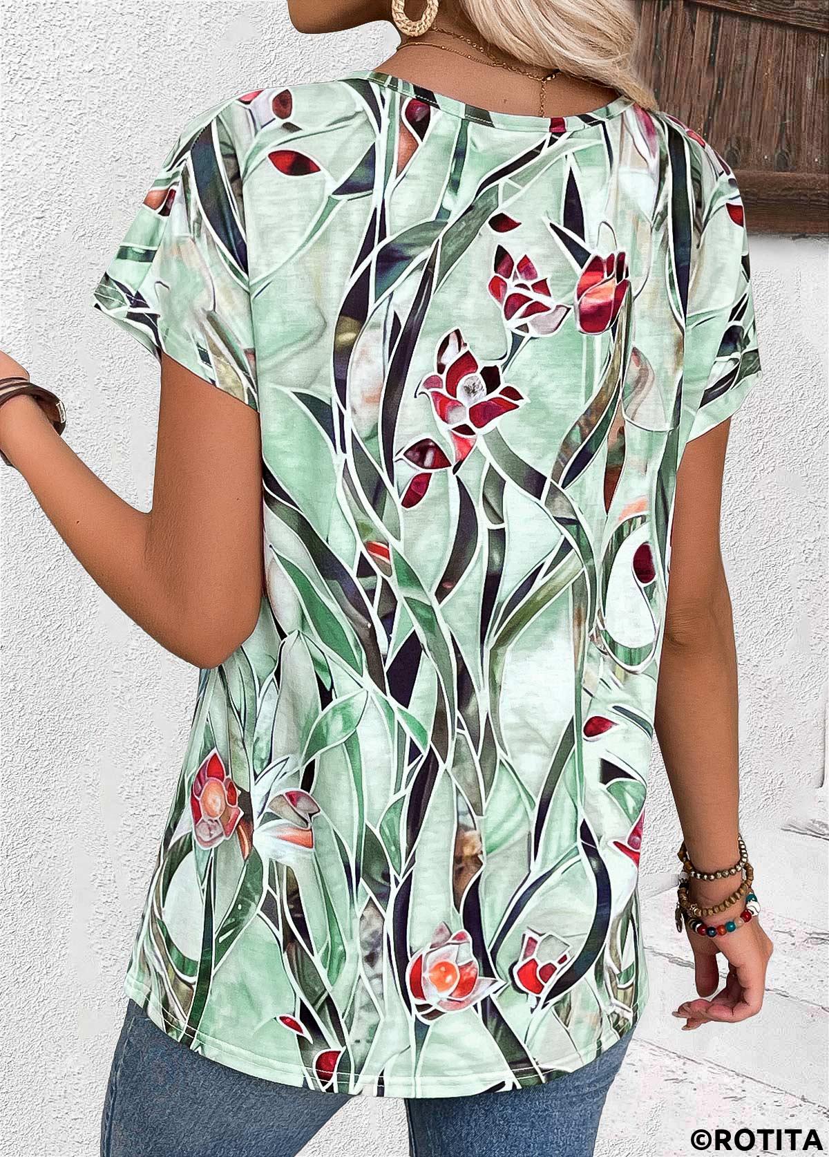 Multi Color tops,Floral tops,Plants tops,ROTITA Floral Print Multi Color Round Neck T Shirt
