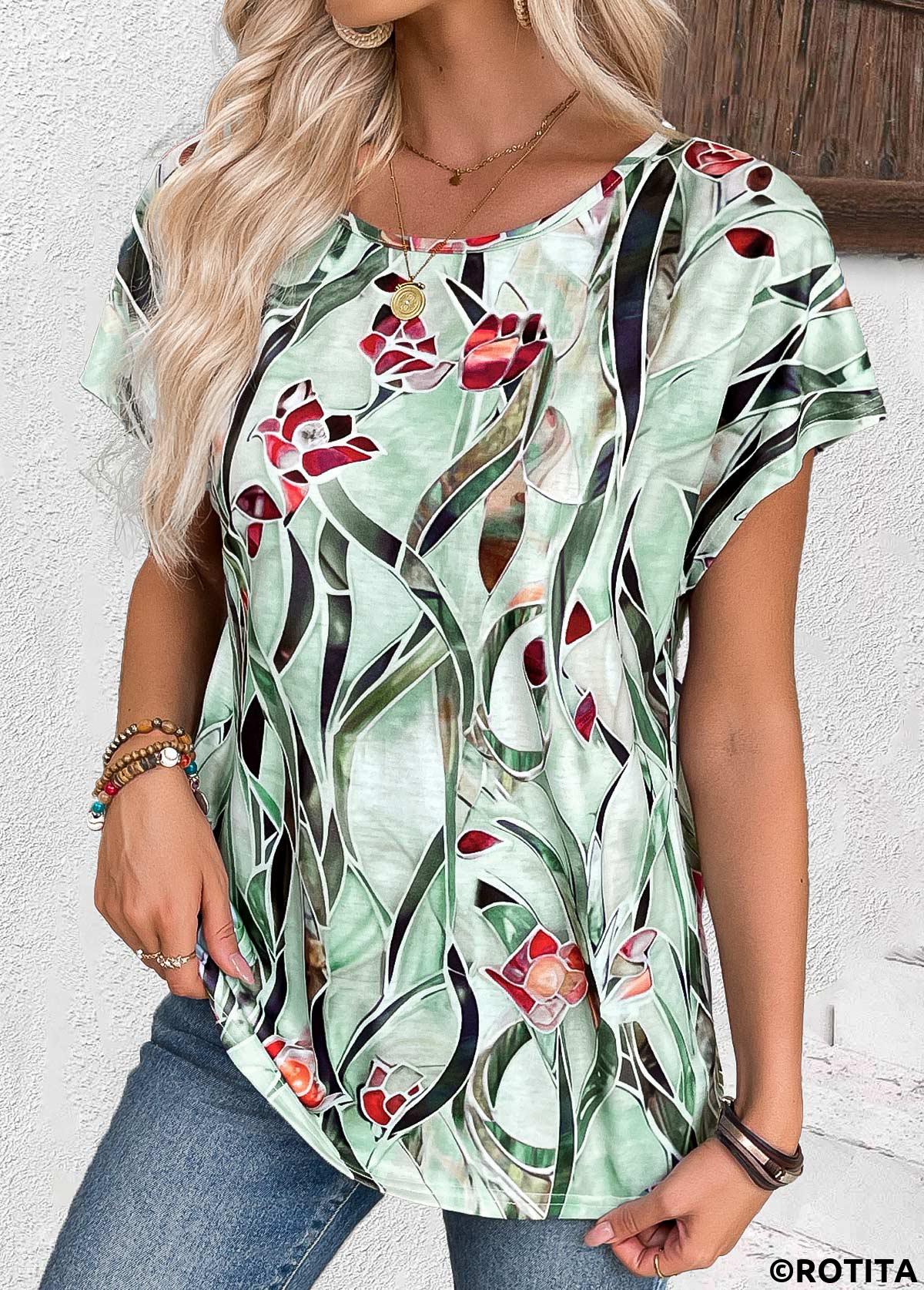 Multi Color tops,Floral tops,Plants tops,ROTITA Floral Print Multi Color Round Neck T Shirt