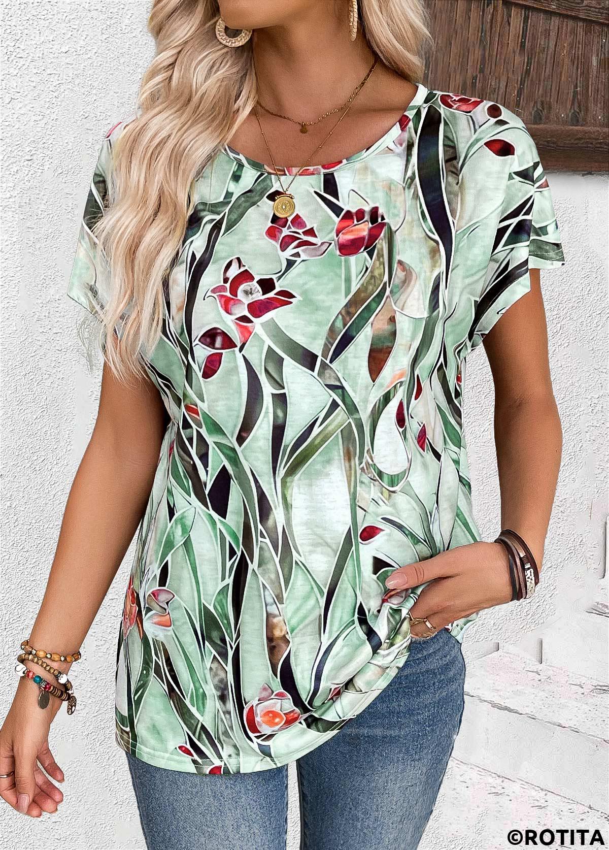 Multi Color tops,Floral tops,Plants tops,ROTITA Floral Print Multi Color Round Neck T Shirt