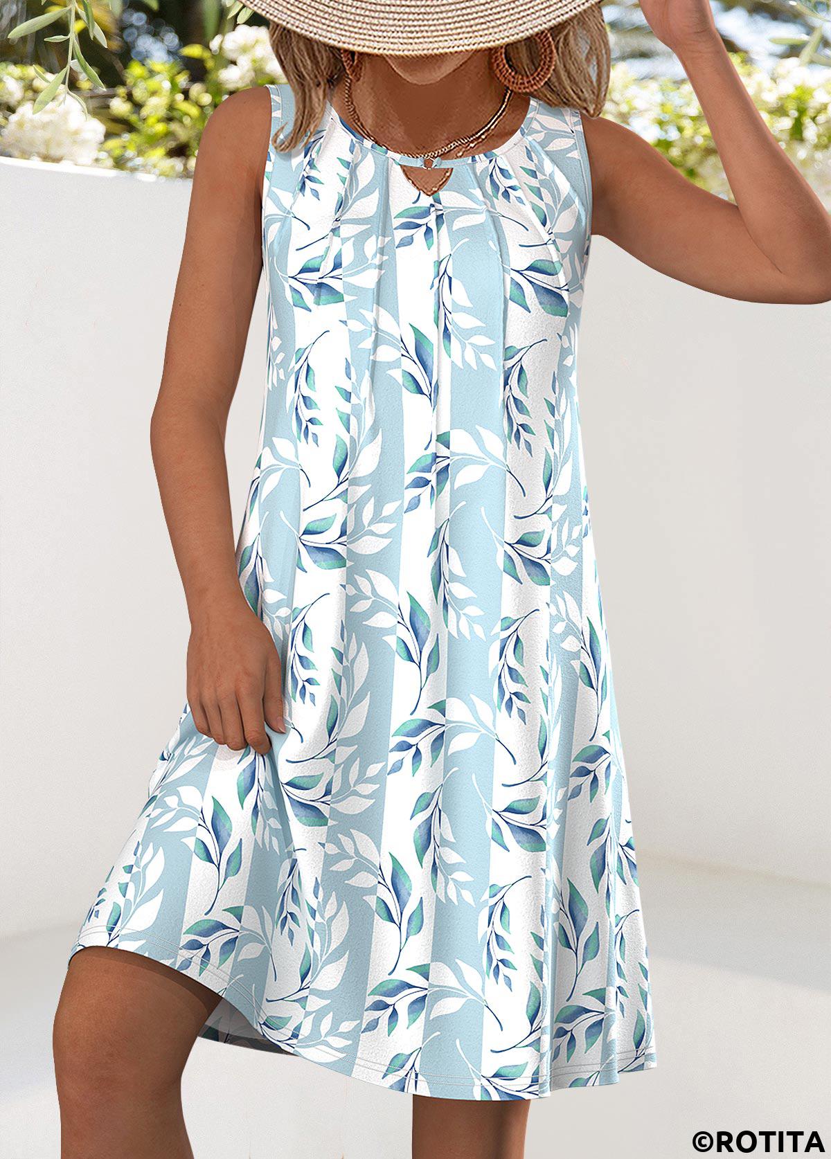 Light Blue dresses,Plants dresses,Everyday dresses,Casual dresses,ROTITA Leaf Print Light Blue A Line Round Neck Dress