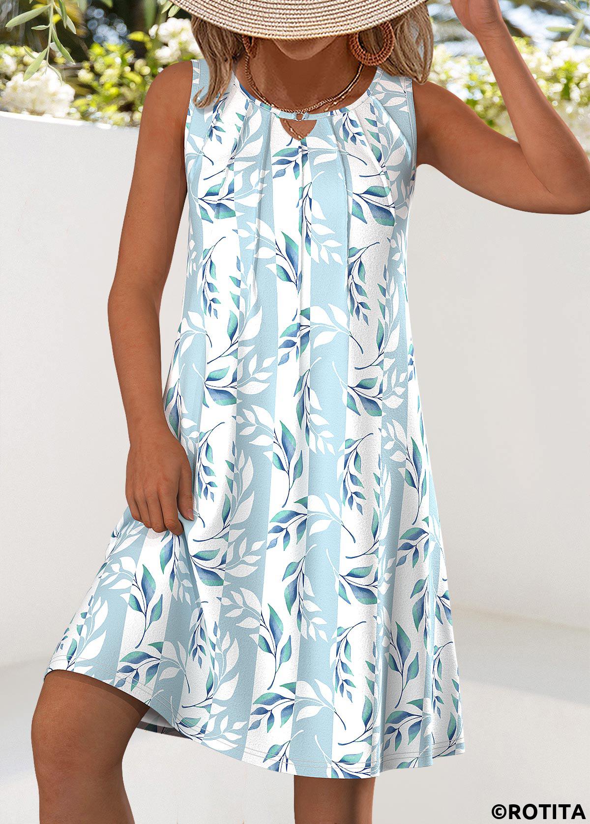 Light Blue dresses,Plants dresses,Everyday dresses,Casual dresses,ROTITA Leaf Print Light Blue A Line Round Neck Dress