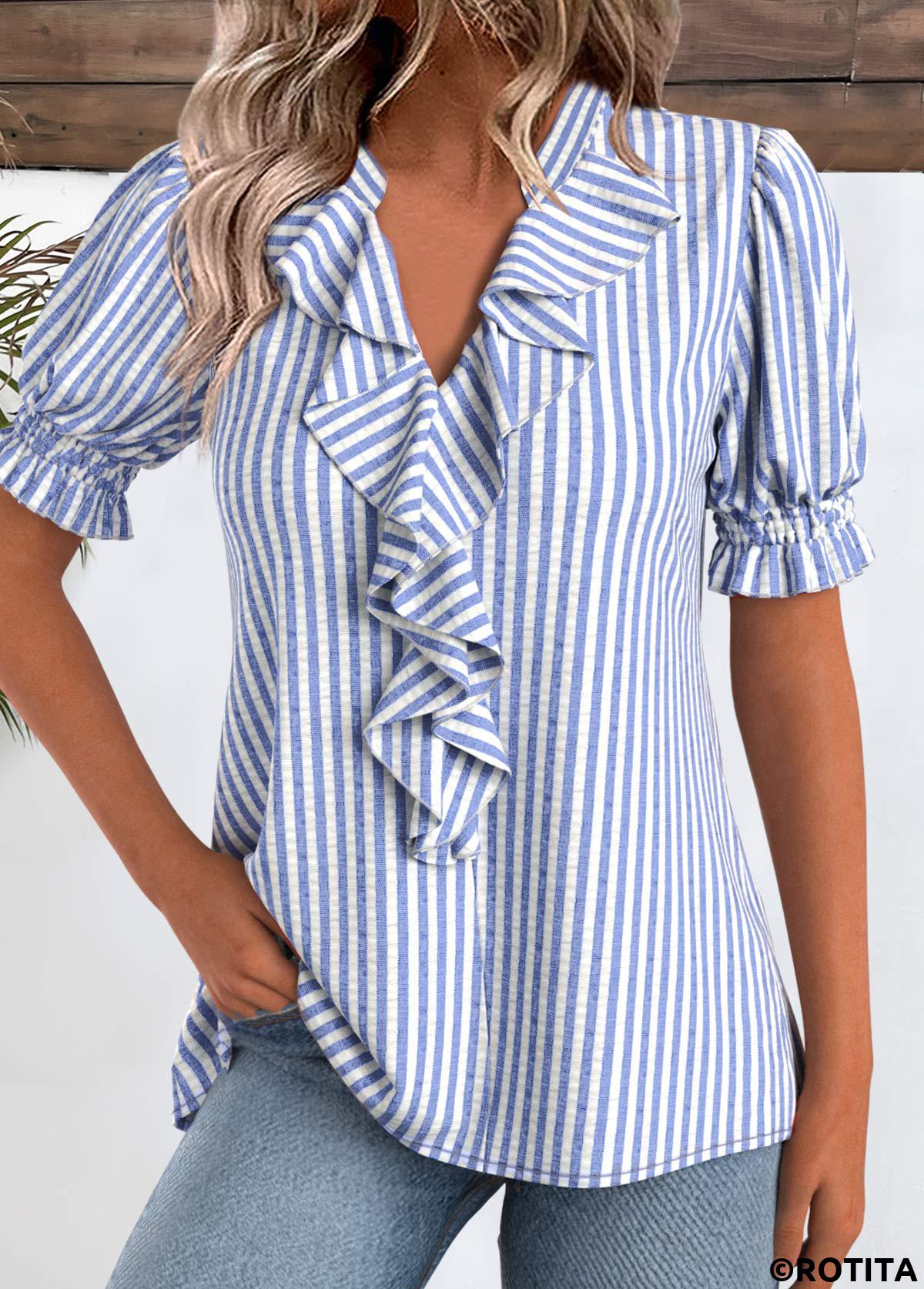 Blue tops,Striped tops,Geometric tops,ROTITA Striped Blue V Neck Short Sleeve Blouse
