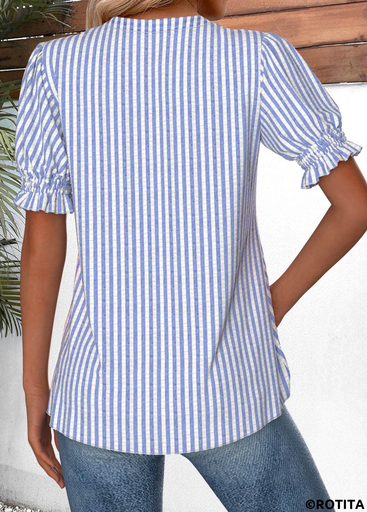 Blue tops,Striped tops,Geometric tops,ROTITA Striped Blue V Neck Short Sleeve Blouse