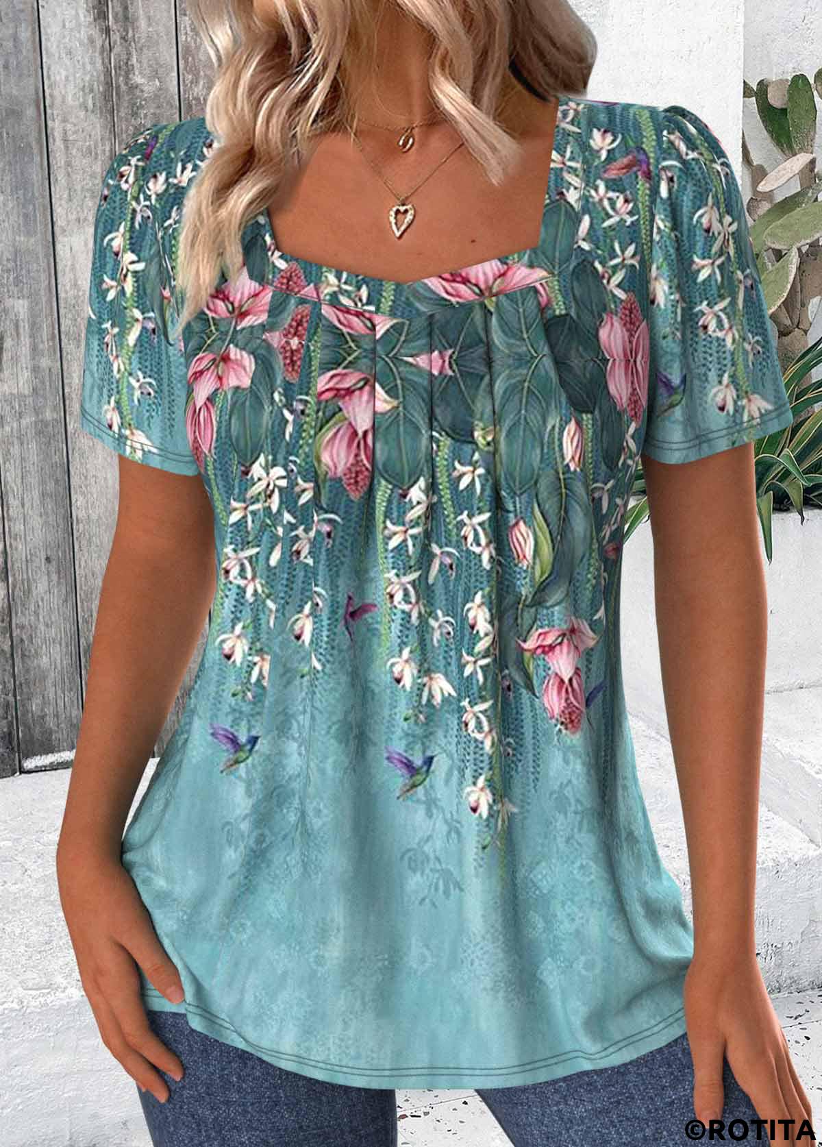 Green tops,Floral tops,Plants tops,ROTITA Floral Print Green Square Neck Short Sleeve T Shirt