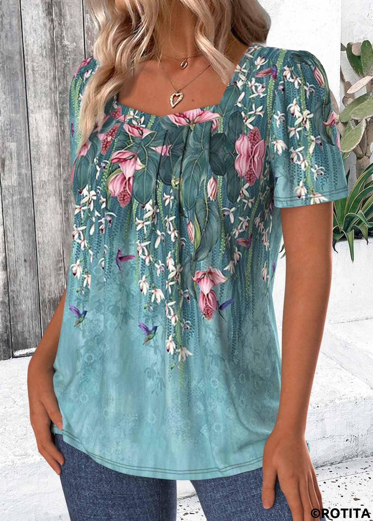 Green tops,Floral tops,Plants tops,ROTITA Floral Print Green Square Neck Short Sleeve T Shirt