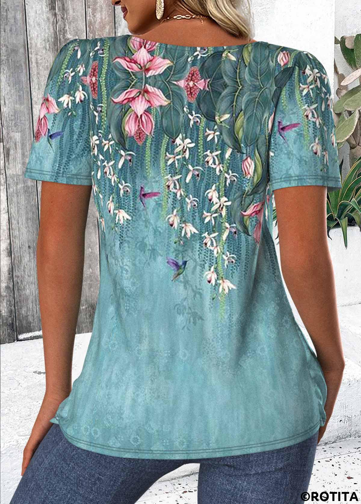 Green tops,Floral tops,Plants tops,ROTITA Floral Print Green Square Neck Short Sleeve T Shirt