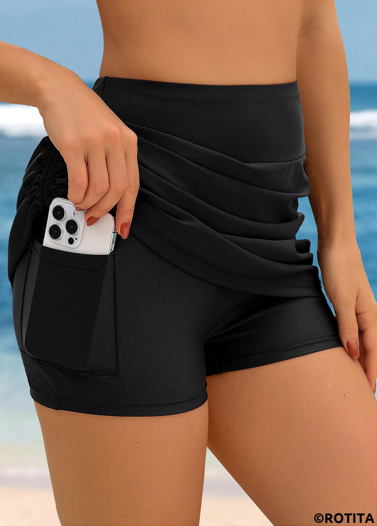 Black swimwear,Plain Color swimwear,ROTITA Black High Waisted Ruched Swim Skirt
