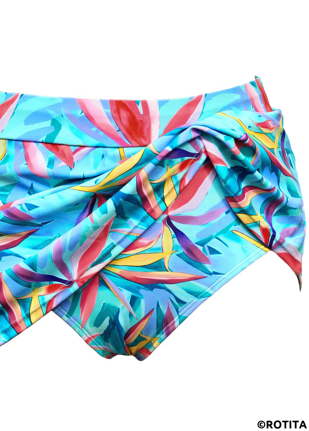 Cyan swimwear,Plants swimwear,ROTITA Cyan Leaf Print Mid Waisted Tankini Set