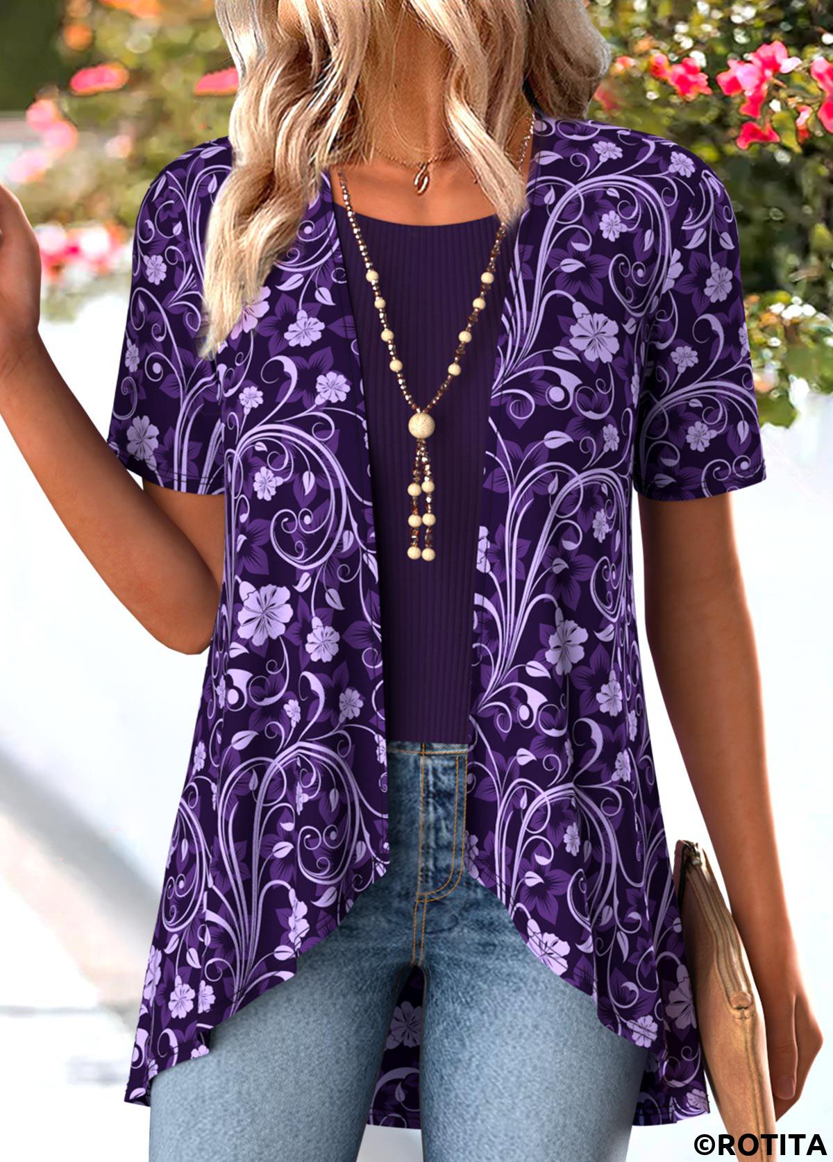 Purple tops,Floral tops,Plants tops,ROTITA Floral Print Purple Short Sleeve Fake Two Piece Twinset