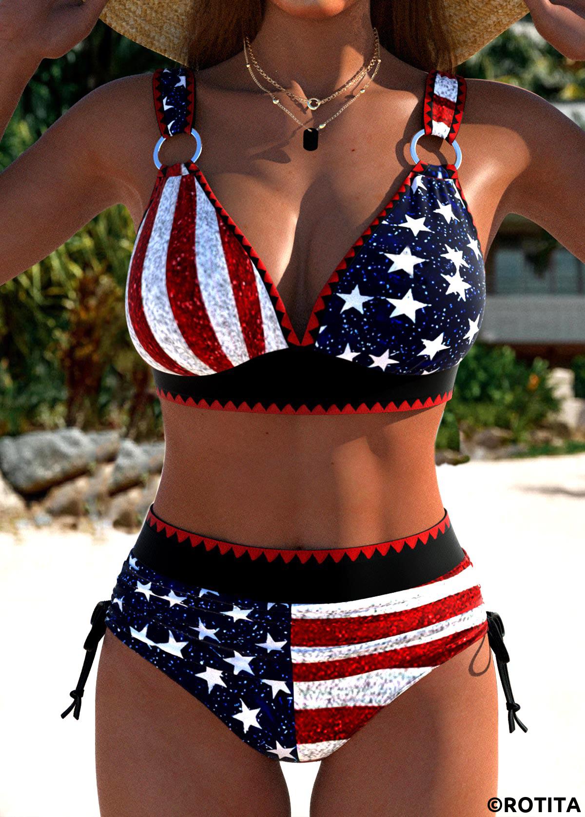 Multi Color swimwear,Flag swimwear,ROTITA Multi Color American Flag Print High Waisted Bikini Set