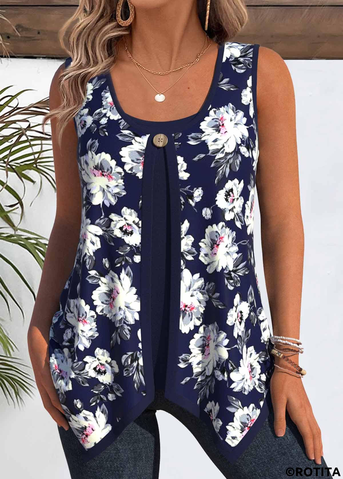 Navy tops,Floral tops,Plants tops,ROTITA Floral Print Navy Round Neck Tank Top and Camsiole