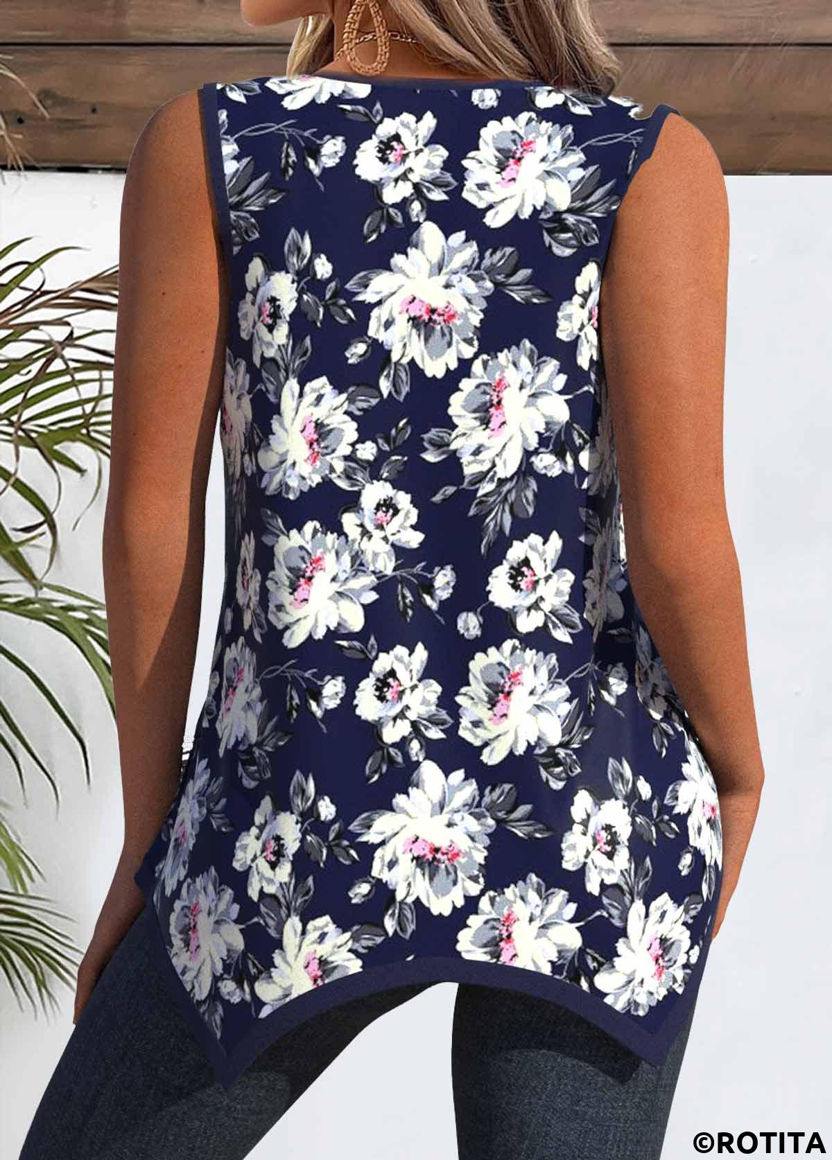 Navy tops,Floral tops,Plants tops,ROTITA Floral Print Navy Round Neck Tank Top and Camsiole