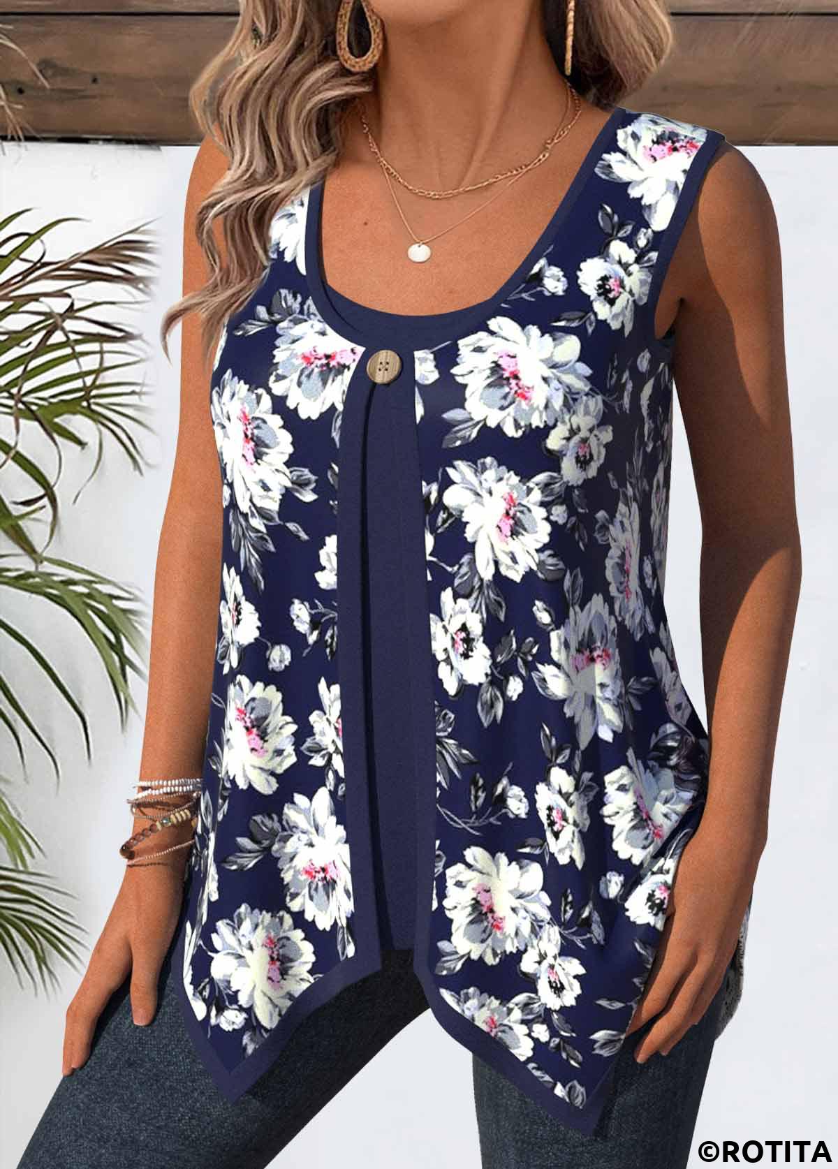 Navy tops,Floral tops,Plants tops,ROTITA Floral Print Navy Round Neck Tank Top and Camsiole
