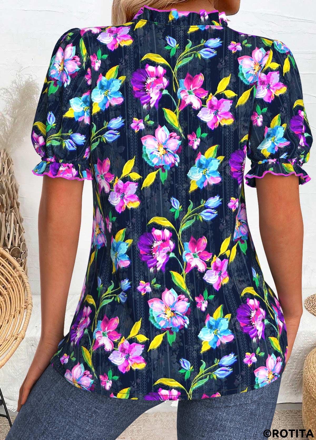 Dark Blue tops,Plants tops,Floral tops,ROTITA Random Floral Print Dark Blue Split Neck Blouse