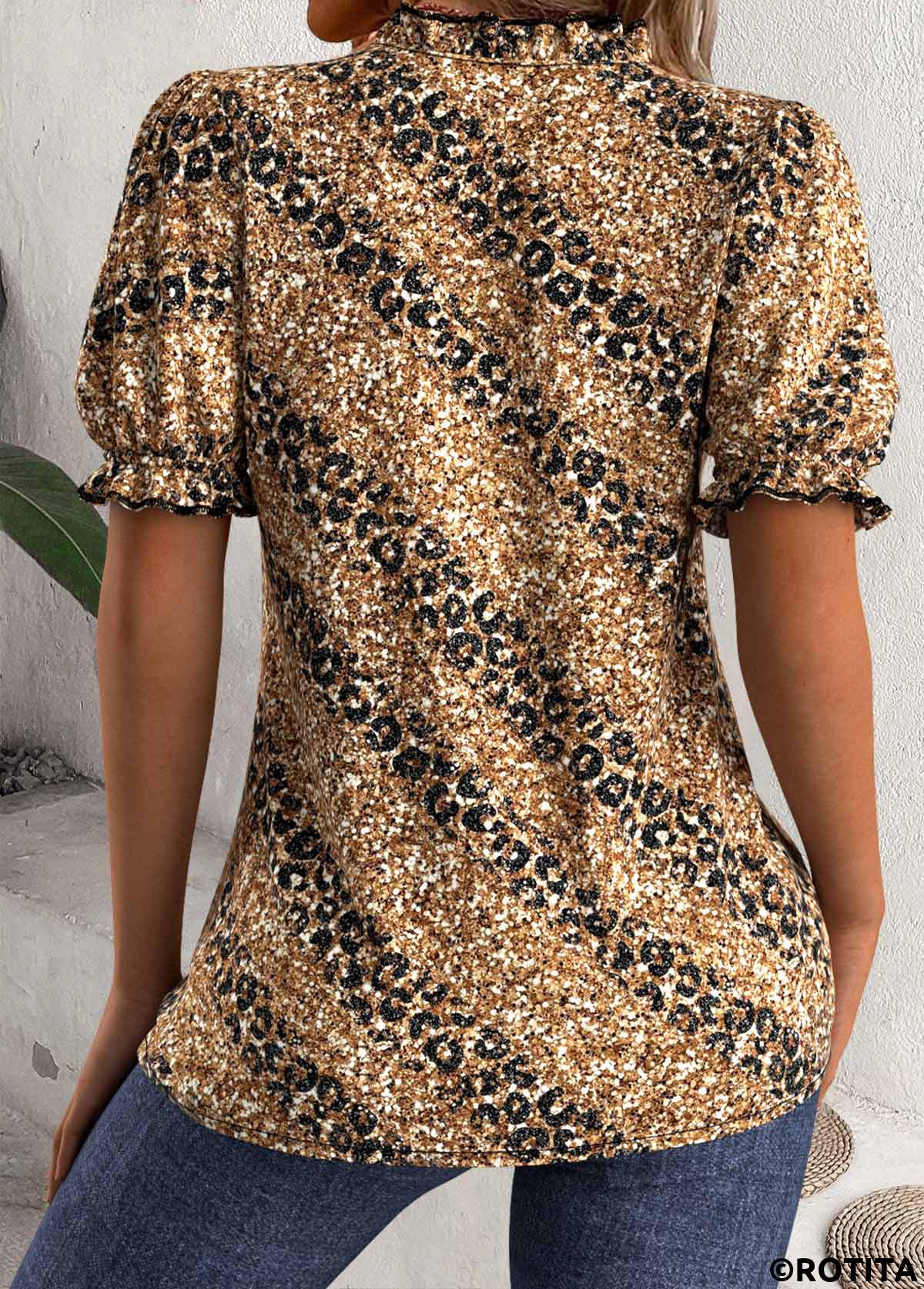 Dark Coffee tops,Leopard tops,Animal Print tops,ROTITA Leopard Dark Coffee Split Neck Short Sleeve Blouse