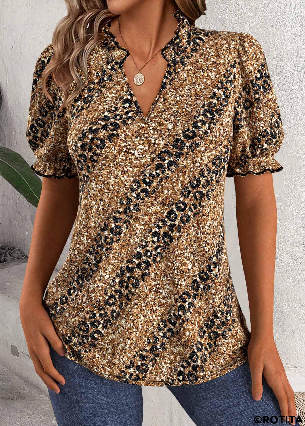 Dark Coffee tops,Leopard tops,Animal Print tops,ROTITA Leopard Dark Coffee Split Neck Short Sleeve Blouse