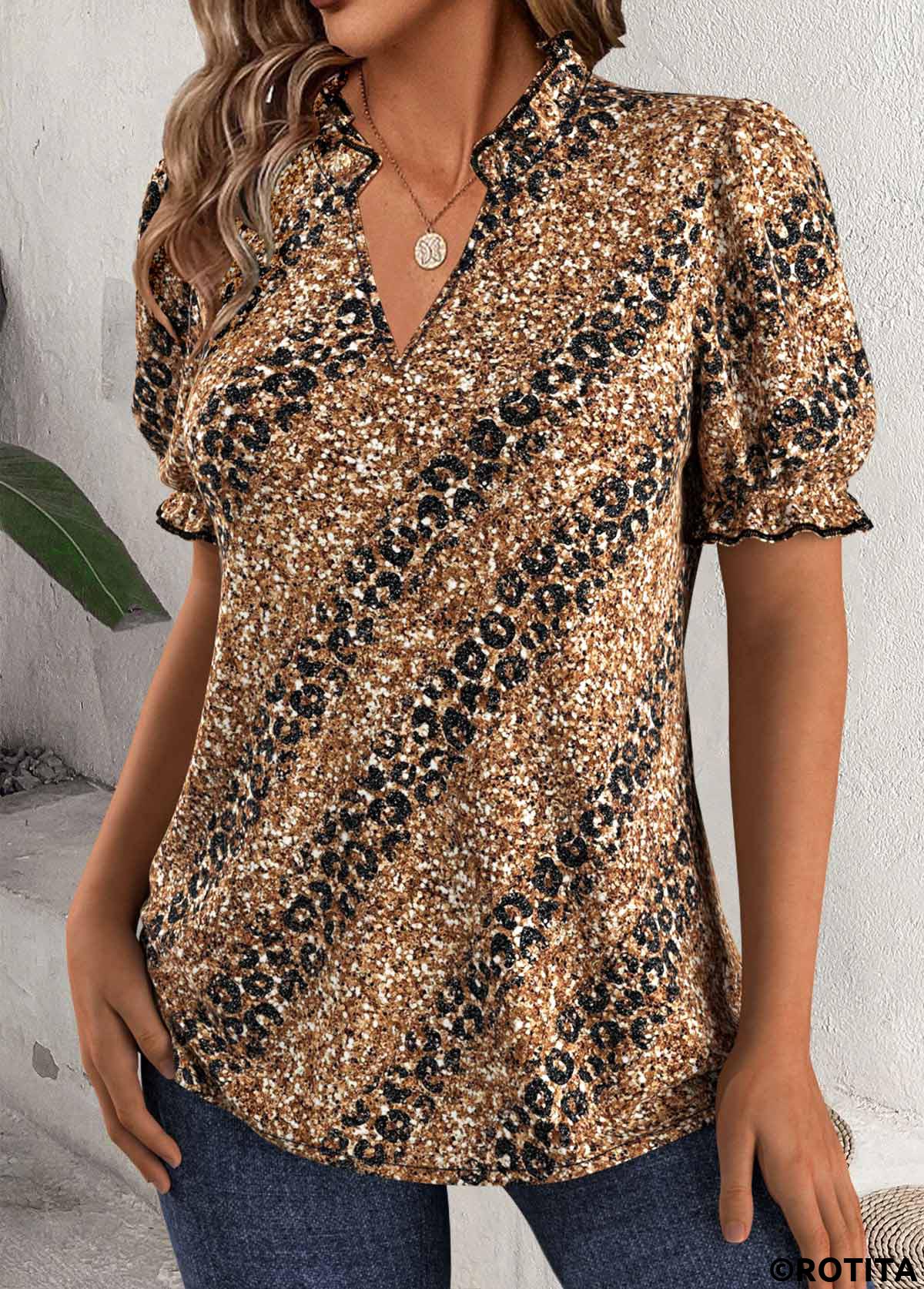 Dark Coffee tops,Leopard tops,Animal Print tops,ROTITA Leopard Dark Coffee Split Neck Short Sleeve Blouse