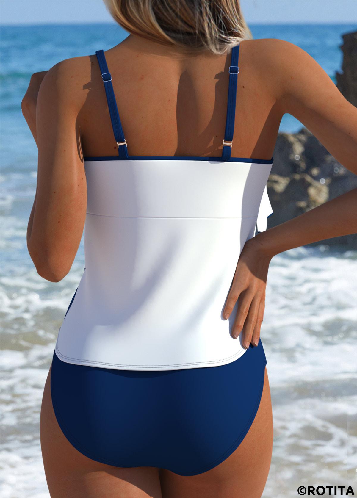 Navy swimwear,Striped swimwear,Geometric swimwear,ROTITA Navy Striped Mid Waisted Tankini Set