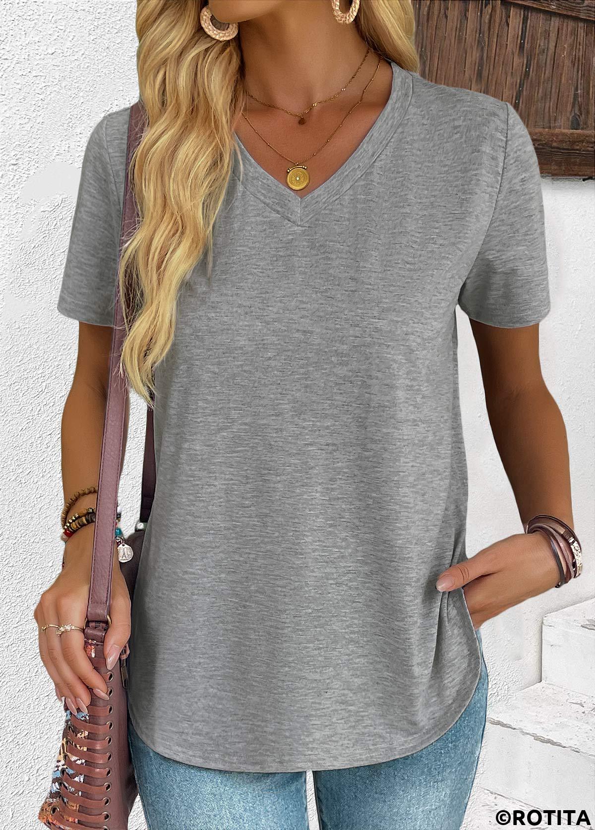 Grey tops,Plain Color tops,ROTITA Grey V Neck Short Sleeve T Shirt