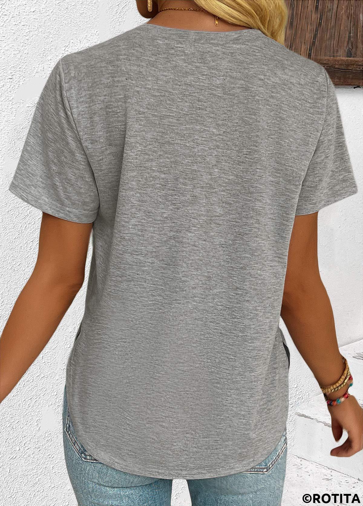 Grey tops,Plain Color tops,ROTITA Grey V Neck Short Sleeve T Shirt