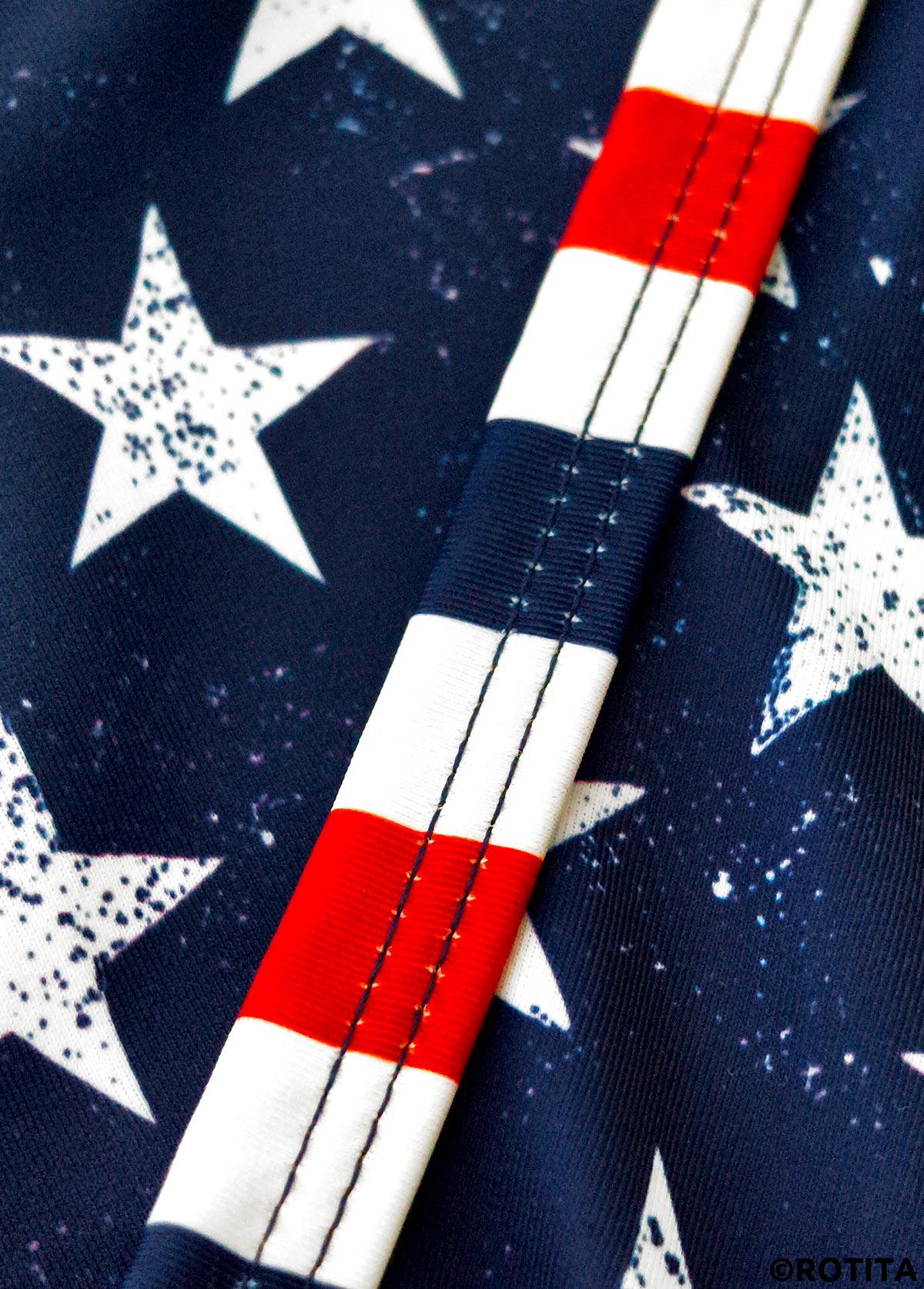 Navy swimwear,Flag swimwear,ROTITA Navy American Flag Print Mid Waisted Bikini Set