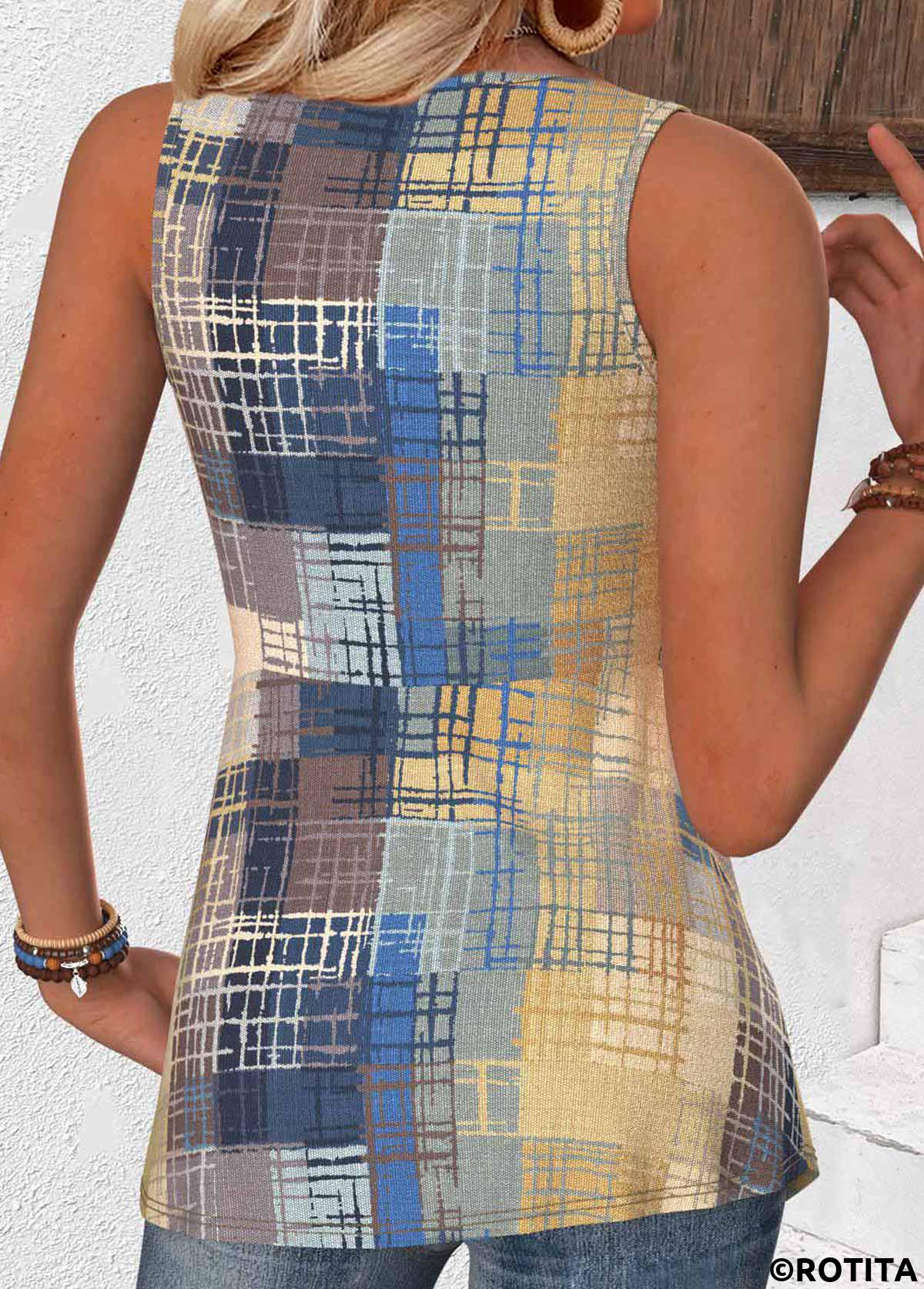 Multi Color tops,Geometric tops,ROTITA Geometric Print Multi Color V Neck Sleeveless Tank Top