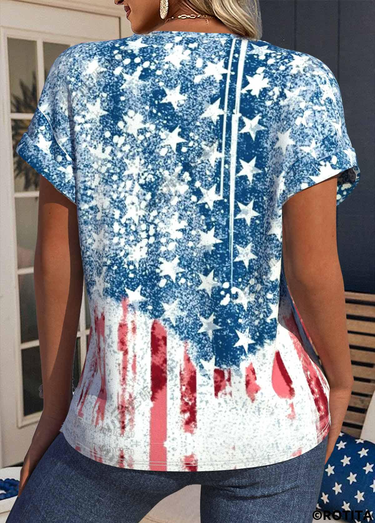 Blue tops,Flag tops,ROTITA Flag Print Blue V Neck Short Sleeve T Shirt