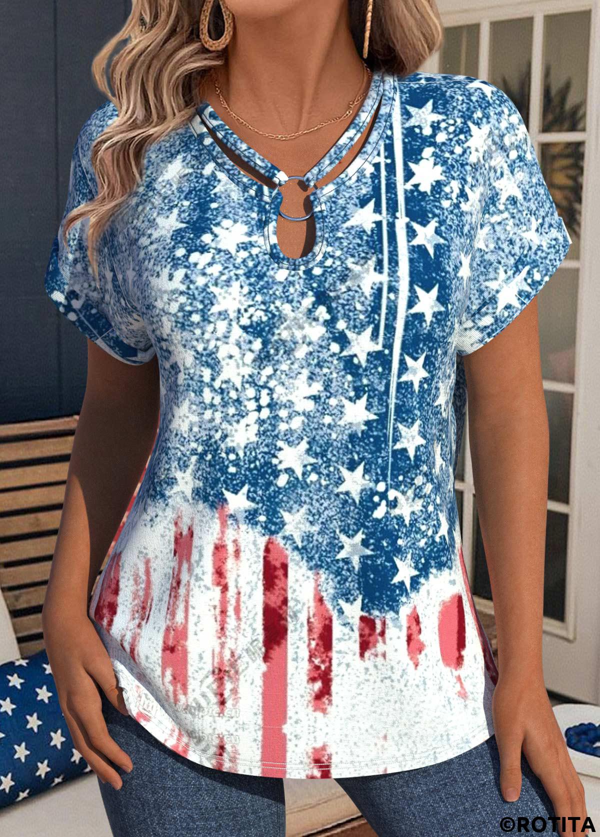 Blue tops,Flag tops,ROTITA Flag Print Blue V Neck Short Sleeve T Shirt