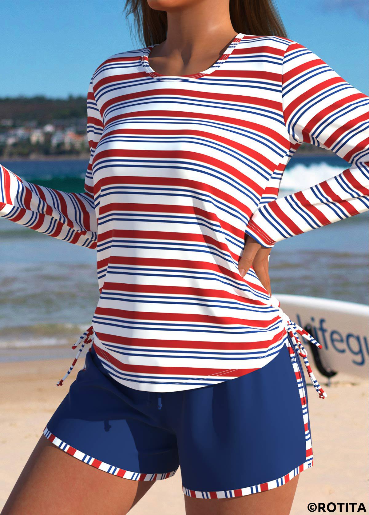 Blue swimwear,Striped swimwear,Geometric swimwear,ROTITA Blue Striped Mid Waisted Tankini Set