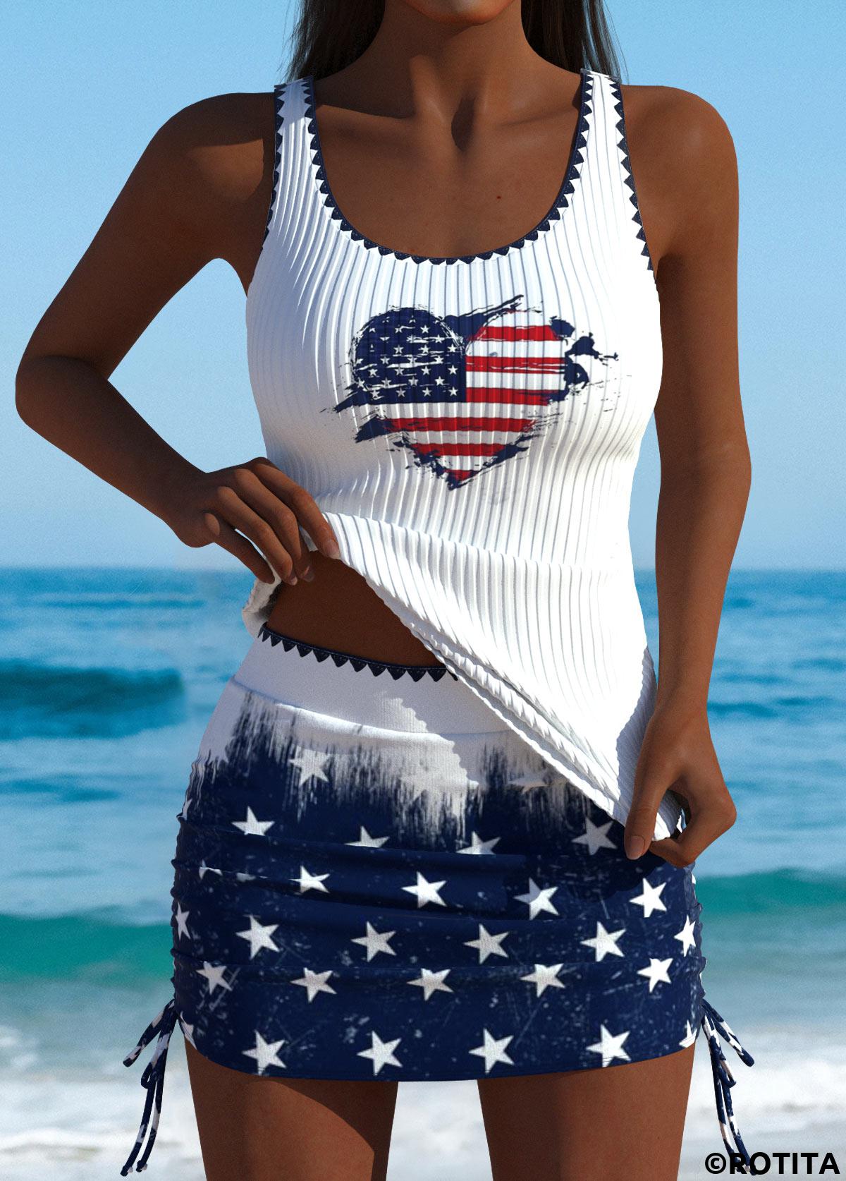 Navy swimwear,Flag swimwear,ROTITA American Flag Navy Mid Waisted Tankini Set