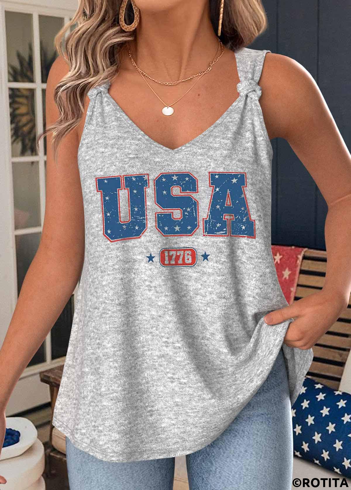 Grey tops,Flag tops,ROTITA Flag Print Grey V Neck Strappy Tank Top