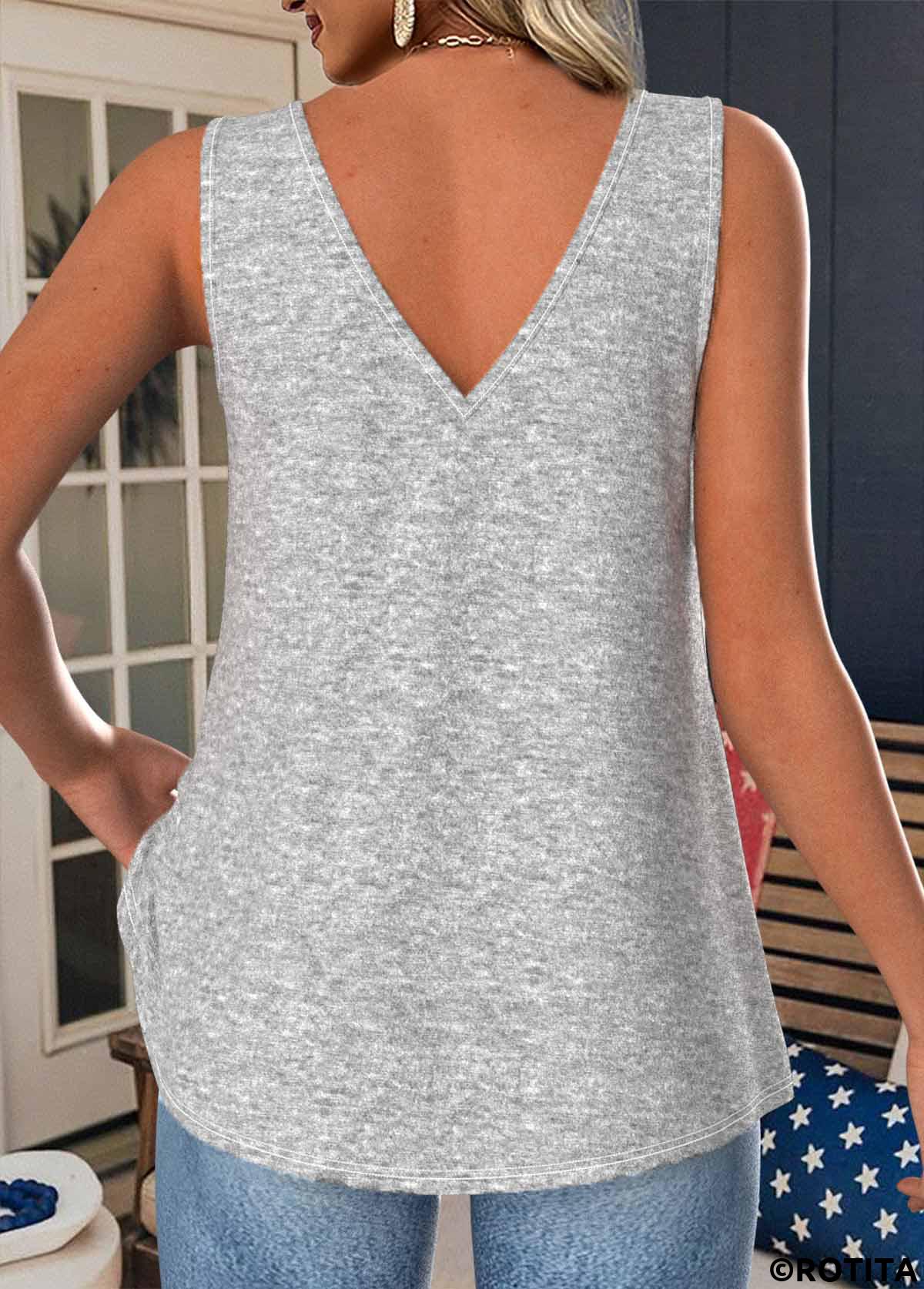 Grey tops,Flag tops,ROTITA Flag Print Grey V Neck Strappy Tank Top
