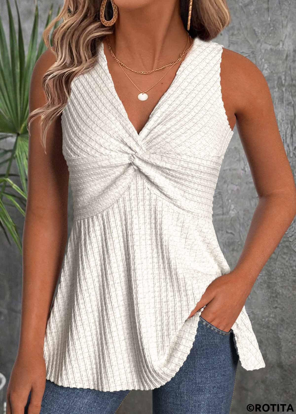 Beige tops,Plain Color tops,ROTITA Beige V Neck Sleeveless Tank Top