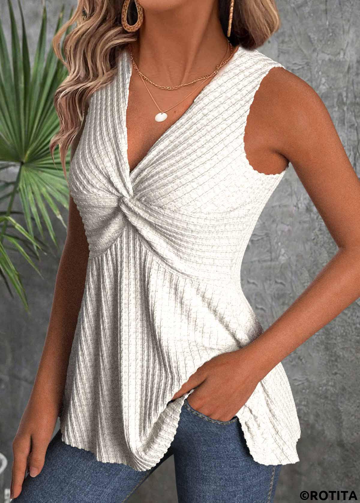 Beige tops,Plain Color tops,ROTITA Beige V Neck Sleeveless Tank Top