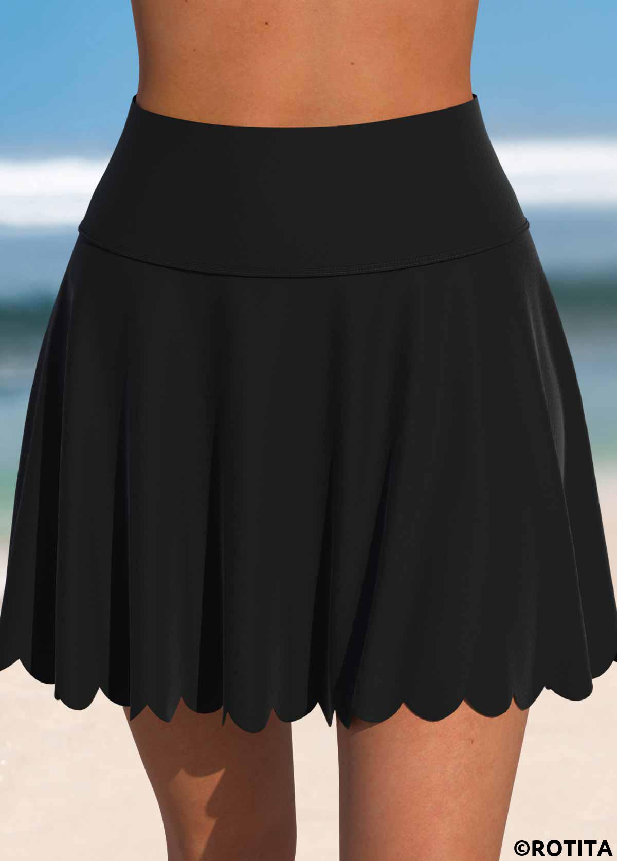 Black swimwear,Plain Color swimwear,ROTITA Black High Waisted Scalloped Hem Swim Skirt