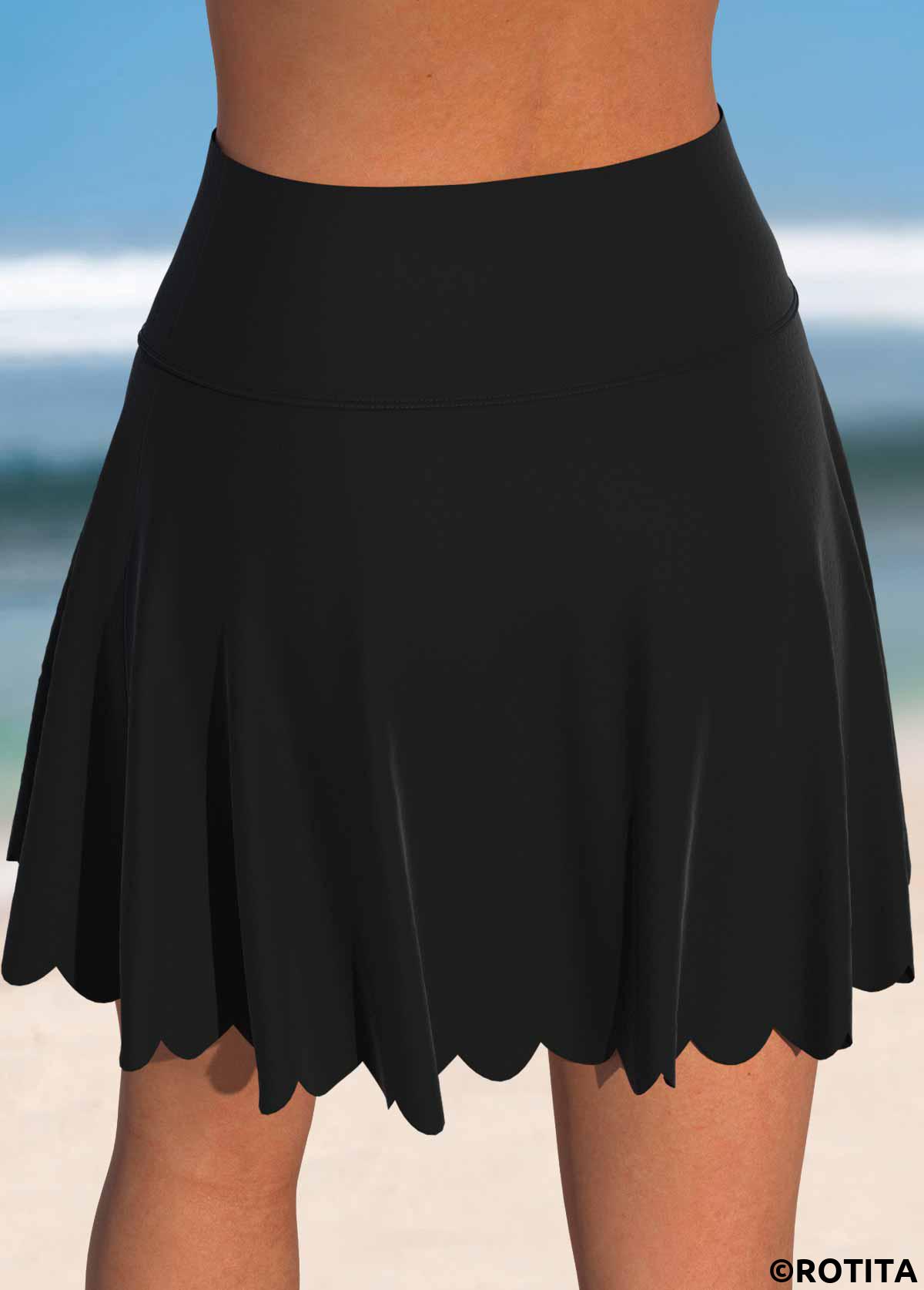 Black swimwear,Plain Color swimwear,ROTITA Black High Waisted Scalloped Hem Swim Skirt