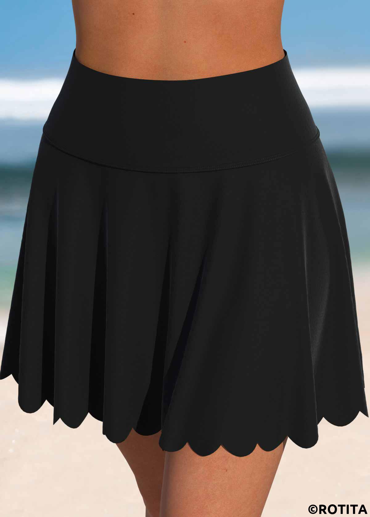 Black swimwear,Plain Color swimwear,ROTITA Black High Waisted Scalloped Hem Swim Skirt