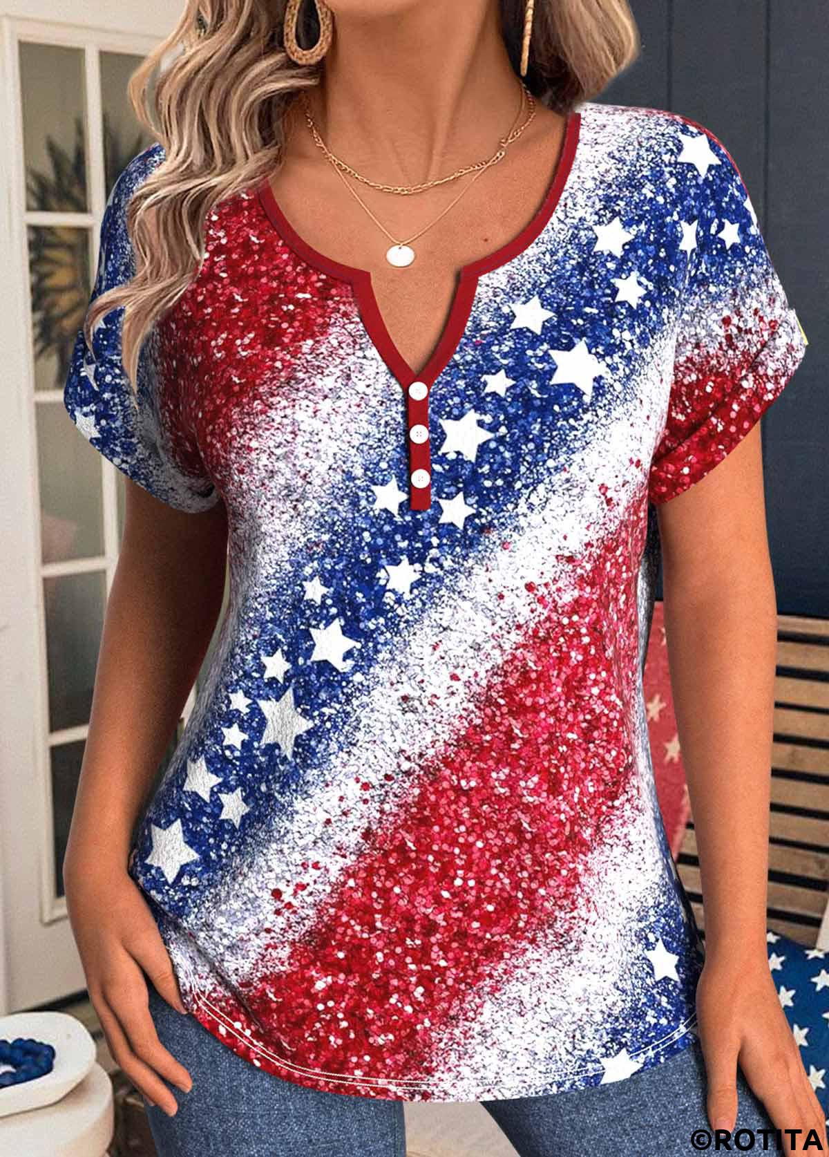 Blue tops,Red tops,Flag tops,ROTITA American Flag Print Blue Split Neck T Shirt