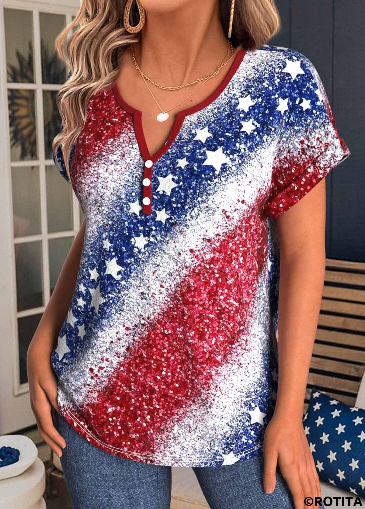 Blue tops,Red tops,Flag tops,ROTITA American Flag Print Blue Split Neck T Shirt